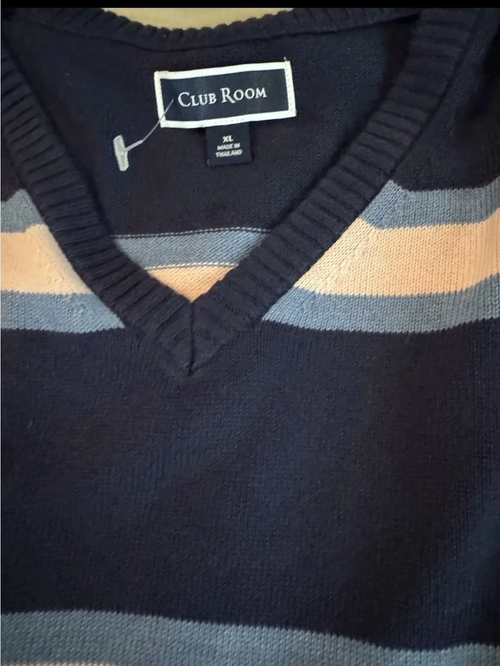 Club Room Men’s Navy, Light Blue & Cream Striped V-Neck Sweater